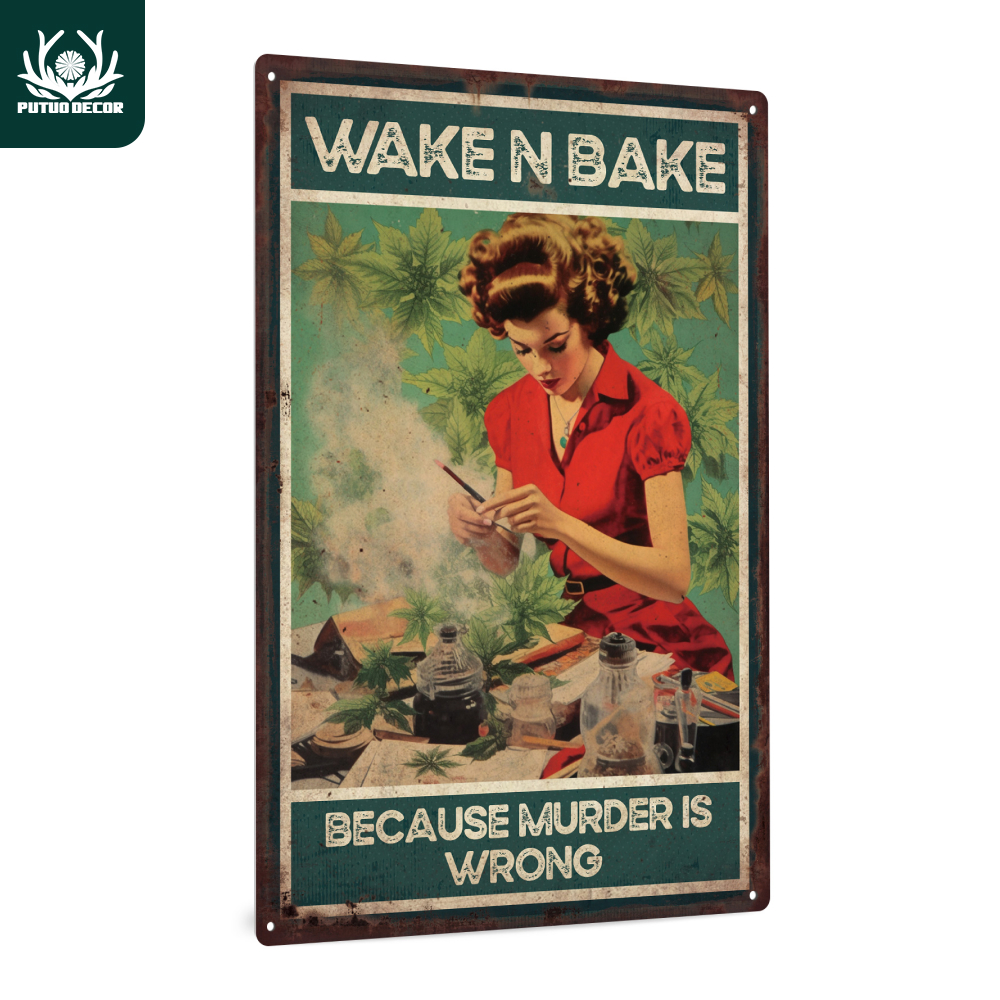 

1pc, Wake N Bake Because Murder Is Wrong Vintage Metal Tin Sign, Wall Art Decor For Home Bathroom, 7.8 X 11.8 Inches