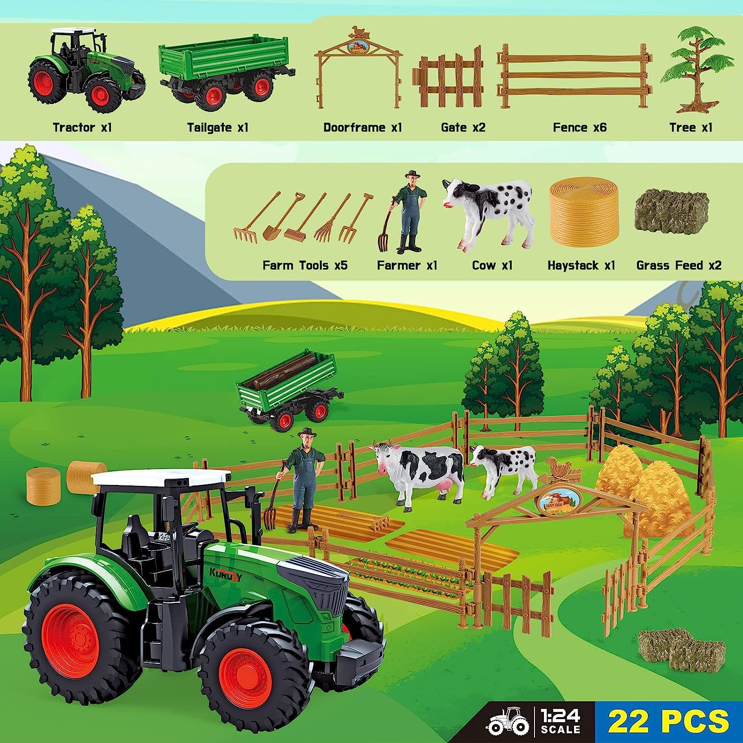 Buyger Juego de figuras de animales de granja para niños, grandes y mini  figuras de plástico de granja, juguetes de tractor, remolque, camión