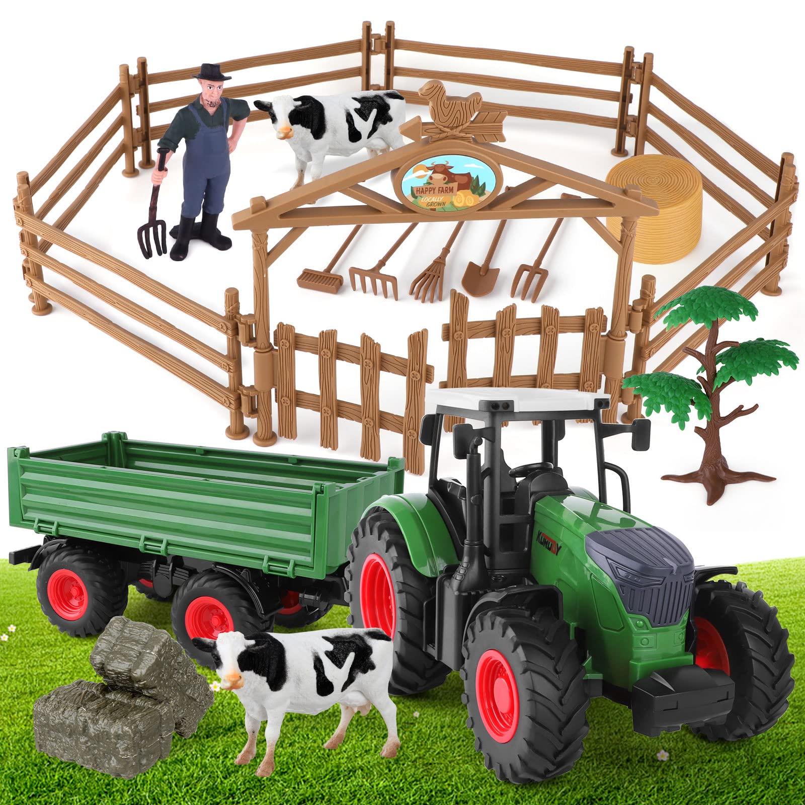 Juguetes de animales de granja para niños de 1, 2, 3, 4, 5 años, granero  rojo grande con figuras animales y juguetes de tractor para niños, juego de