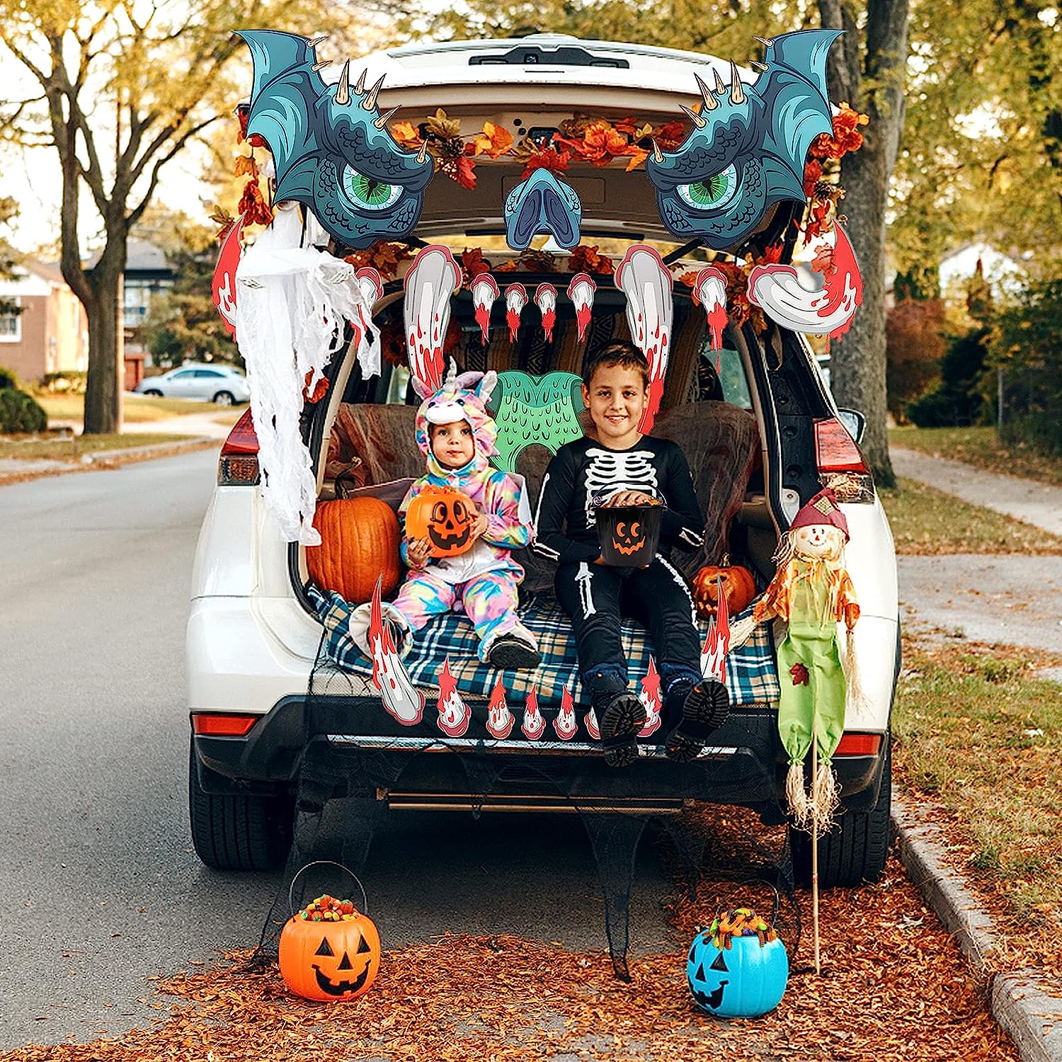 Trunk or Treat Monster Auto Dekorationen Kit mit blauer Lametta Girlande  Halloween Dekorationen für Kofferraum oder Leckerbissen süßes Monster große
