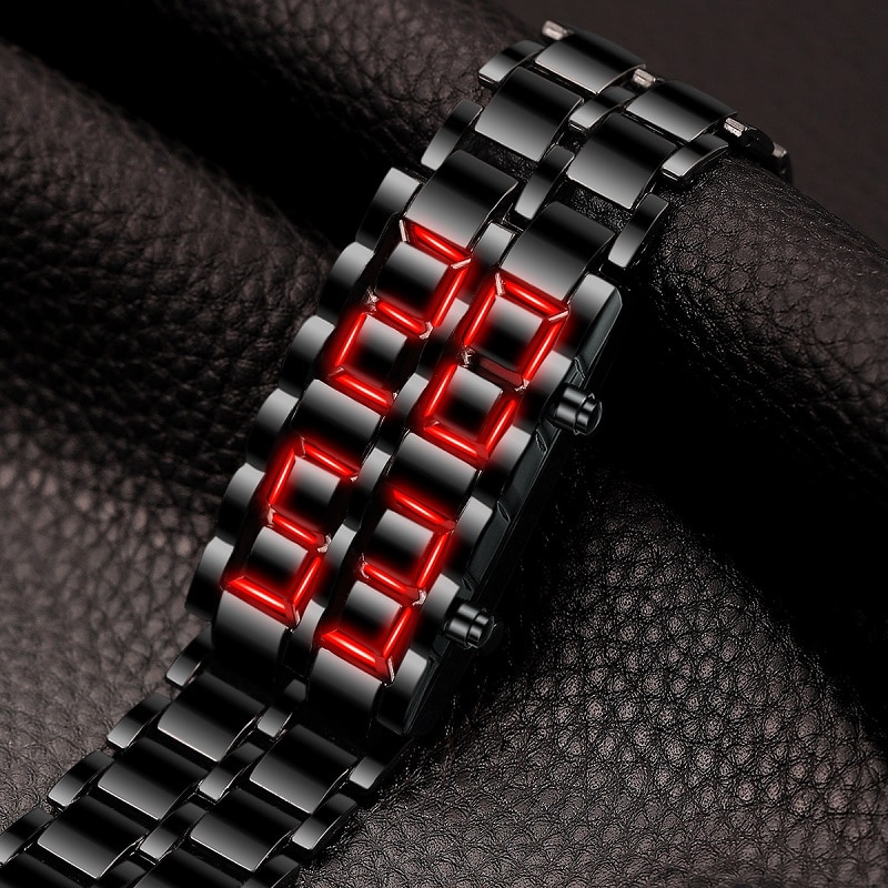  Reloj Digital Led Rojo para Hombre Caja De Metal  Esfera Color Negro Correa de Piel Negra [08302-10] - 6.90€