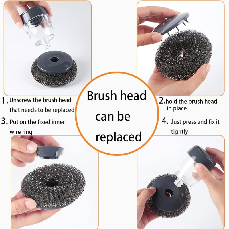 1pc Gray Refillable Multi-functional Dishwashing Brush With Built-in Soap  Dispenser And Steel Wire Ball For Kitchen Cleaning