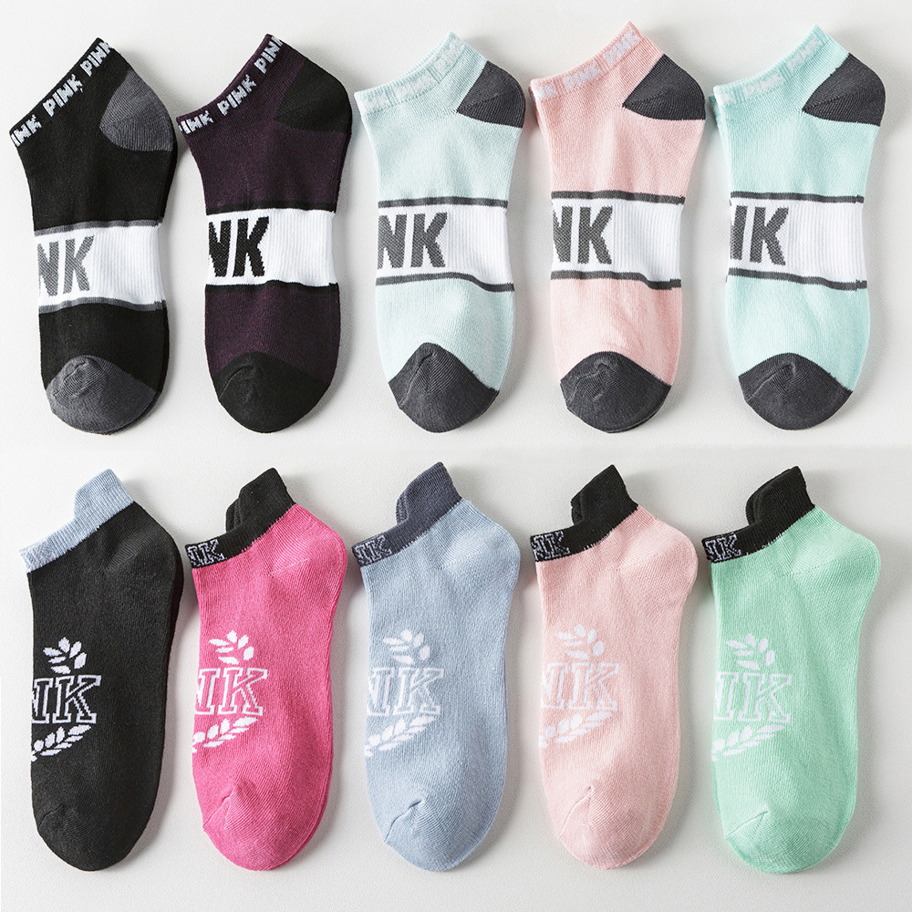10pairs Unisex Letters 'PINK' Print Fashion Boat Socks, No Show Socks,  Cotton Breathable Comfy Low Cut Ankle Socks For Men Women , Trendy Socks