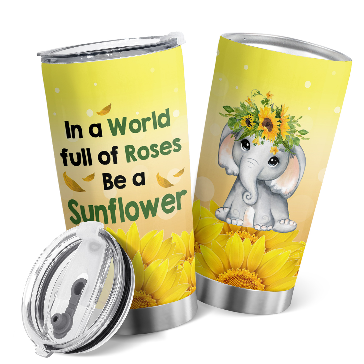 Sunflower Elephant Tumbler Mugs 20 oz Stainless Steel Travel Coffee Mug