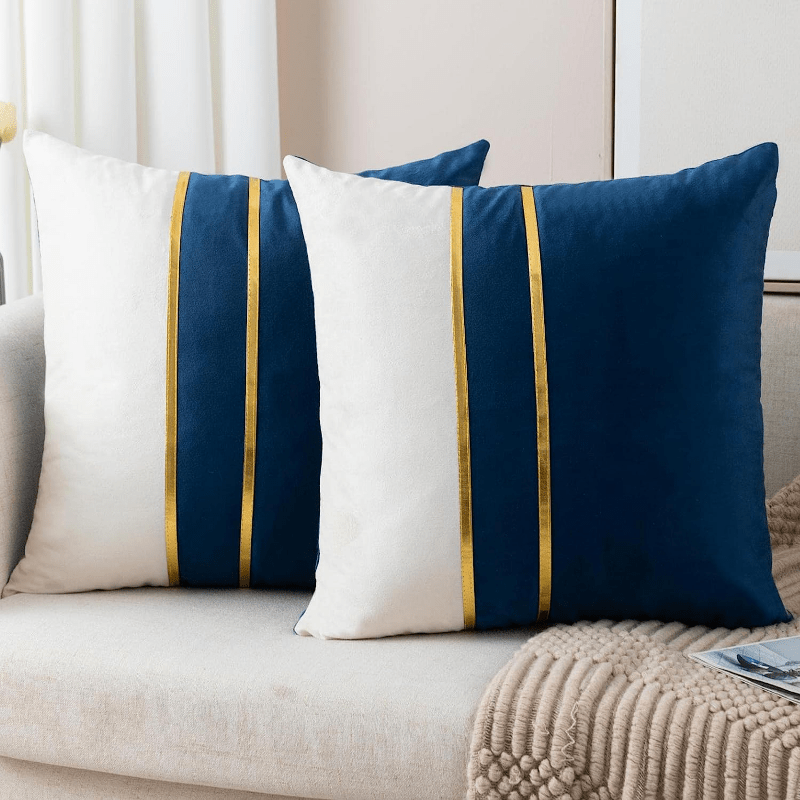 1pc Navy Blue Pillow Cover, Blue & Gold Blue Square Pillow Case Suitable  For Bedroom, Living Room Decoration 18x18 Inches (pillow Core Not Included)