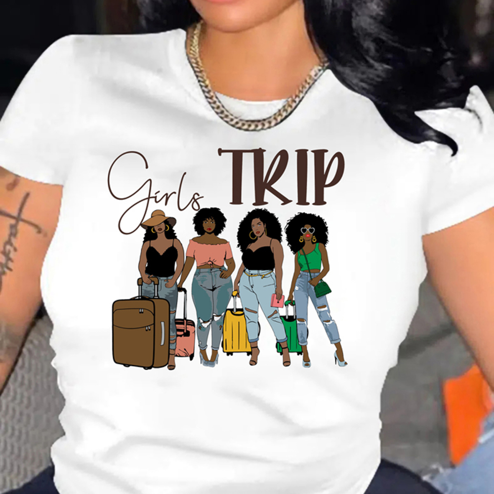

Girl Trip Print Crew Neck T-shirt, Casual Short Sleeve T-shirt For Summer, Women's Clothing