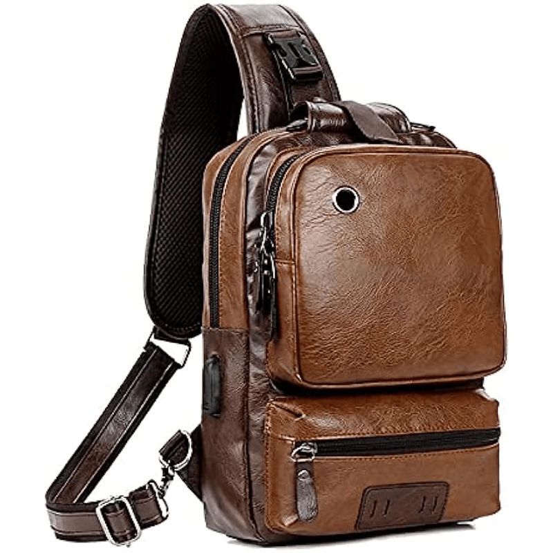 1pc Retro PU Leather Men's Women's Chest Bag With Earphone Port, Business Student Commuter Crossbody Bag Sling Bag Passport Money Cell Phone Holder Trendy Single Shoulder Bag - Click Image to Close
