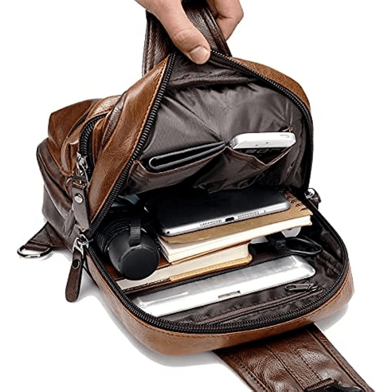 1pc Retro PU Leather Men's Women's Chest Bag With Earphone Port, Business Student Commuter Crossbody Bag Sling Bag Passport Money Cell Phone Holder Trendy Single Shoulder Bag - Click Image to Close
