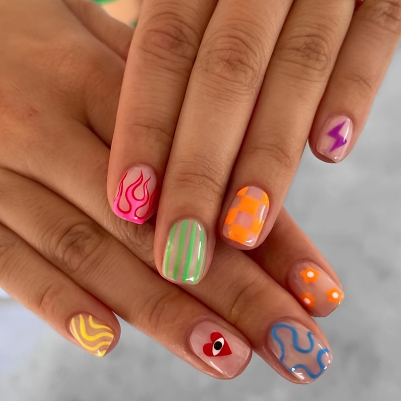 

24pcs Cute Fake Nails, Colorful Swirl Flower Flame And Plaid Press On Nails With Design, Glossy Nude Glue On Nails Full Cover Short Oval False Nails For Women And Girls Daily Wear For Easter