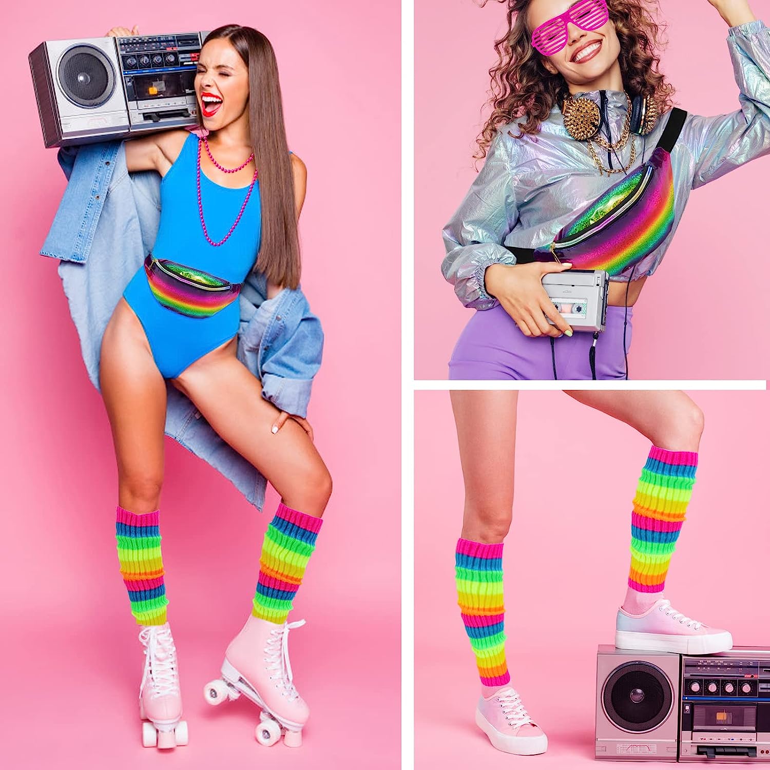  Accesorios de disfraz retro para mujer de los años 80,  suministros de fiesta temática de los años 80 (2XL/3XL, rosa intenso), Rosa  encendido : Ropa, Zapatos y Joyería