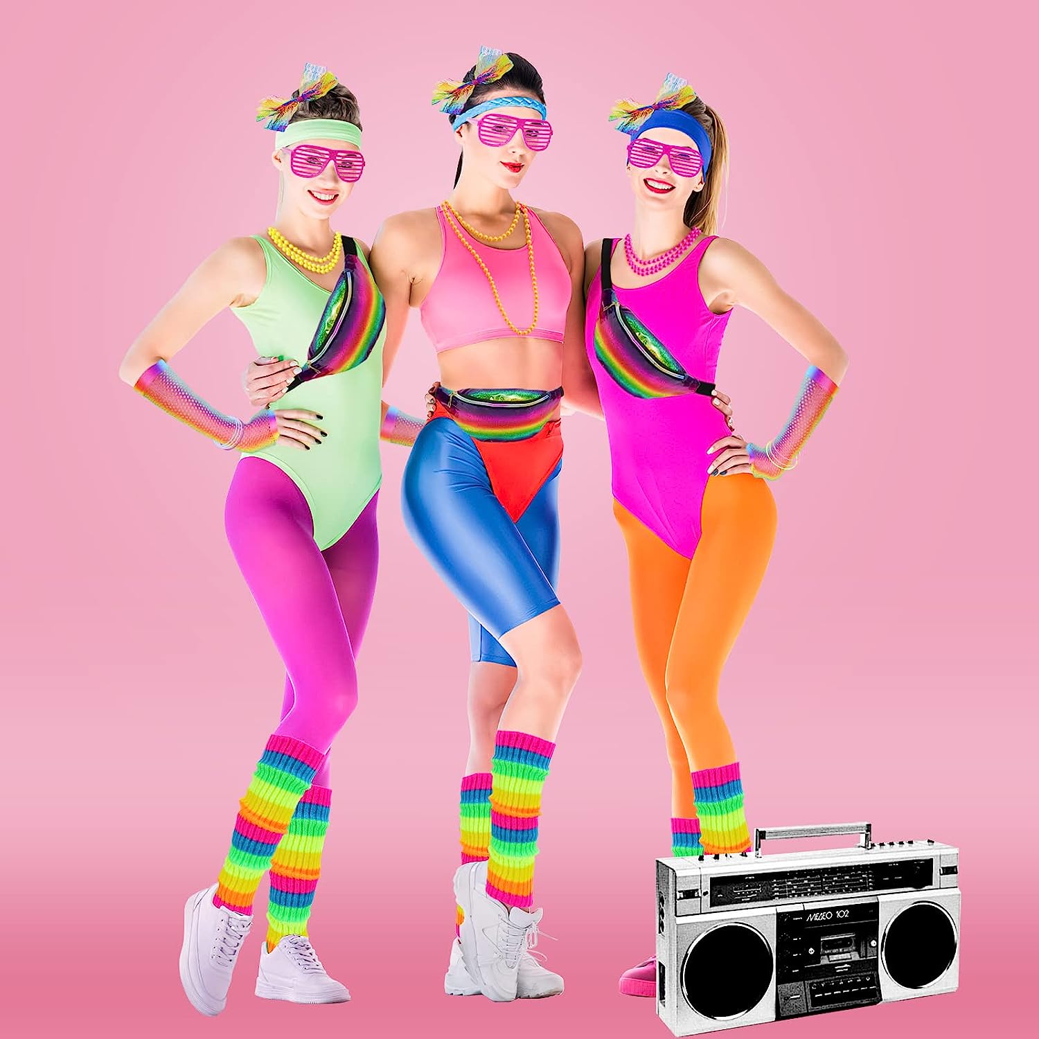  Accesorios de disfraz retro para mujer de los años 80,  suministros de fiesta temática de los años 80 (2XL/3XL, rosa intenso), Rosa  encendido : Ropa, Zapatos y Joyería