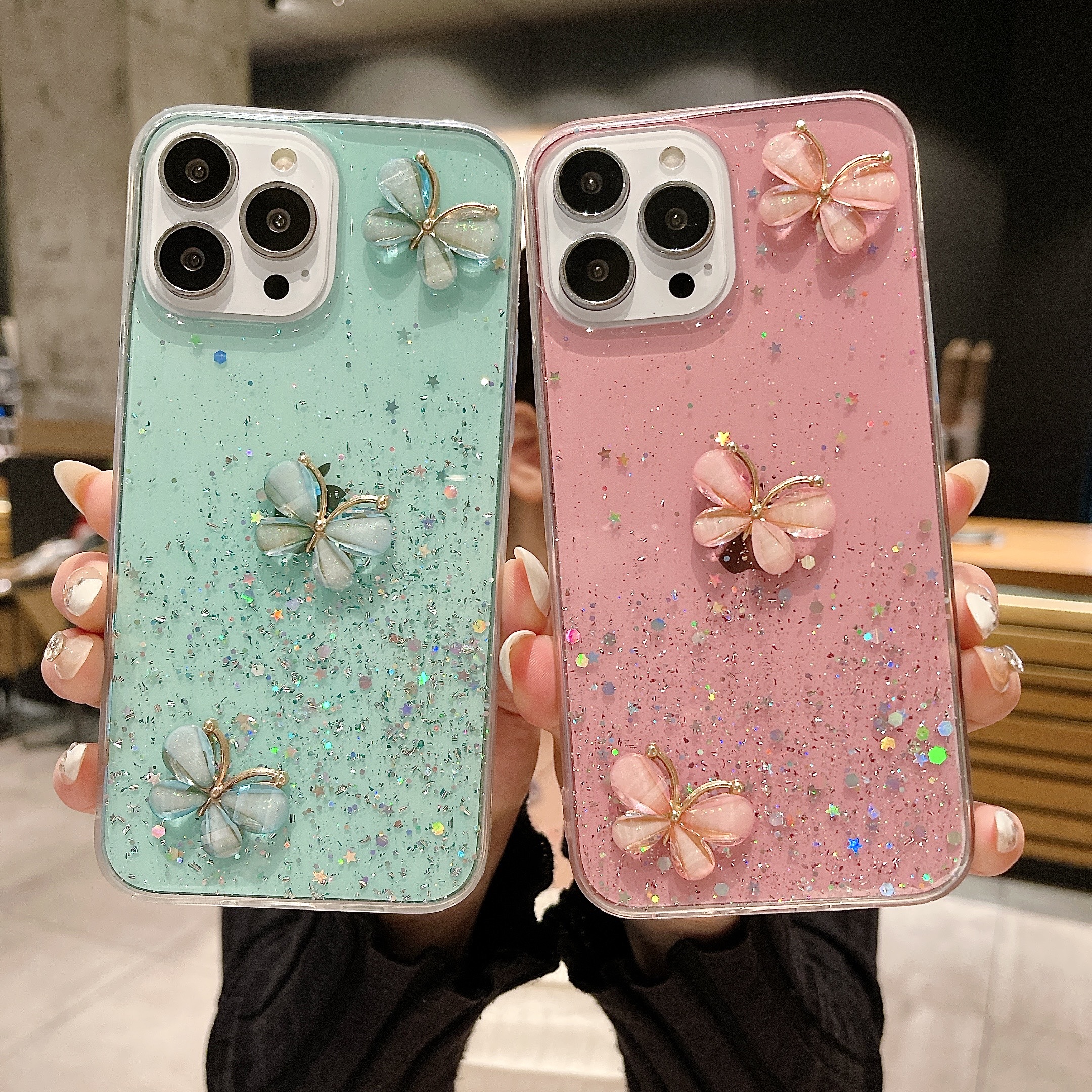 For iPhone 15 Pro Max 14 Plus 13 12 Bling Glitter Clear Butterfly TPU Case  Cover