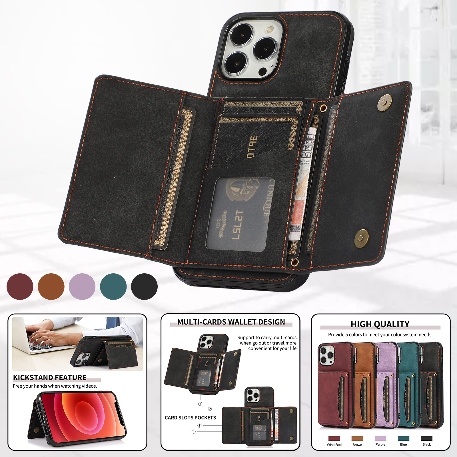 For Apple iPhone 14 Pro Max (6.7) Fabric Wallet Case 6 Credit