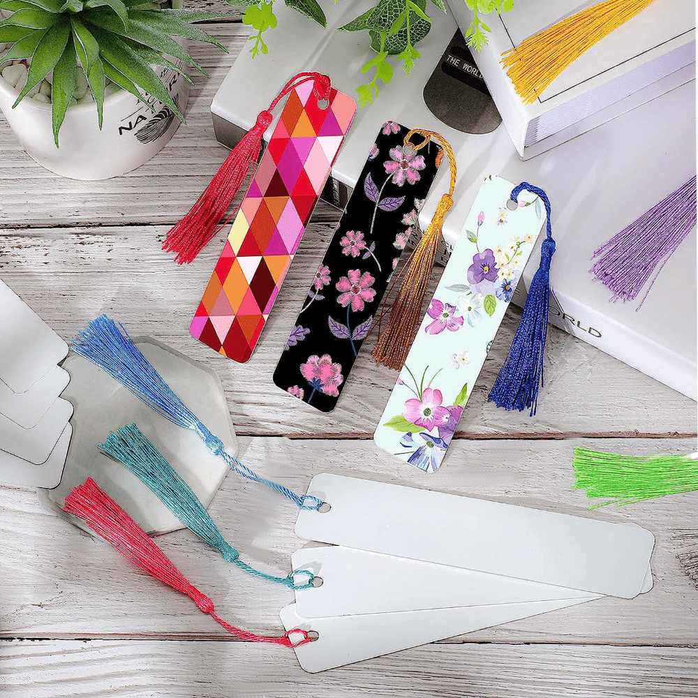  Sublimation Blank Bookmark Heat Transfer Metal Aluminum DIY  Bookmark with Hole and Colorful Tassels for Crafts, Birthday Wedding,  Tassels Blank Bookmarks, Single-Sided Printing (30 Pieces) : Office Products