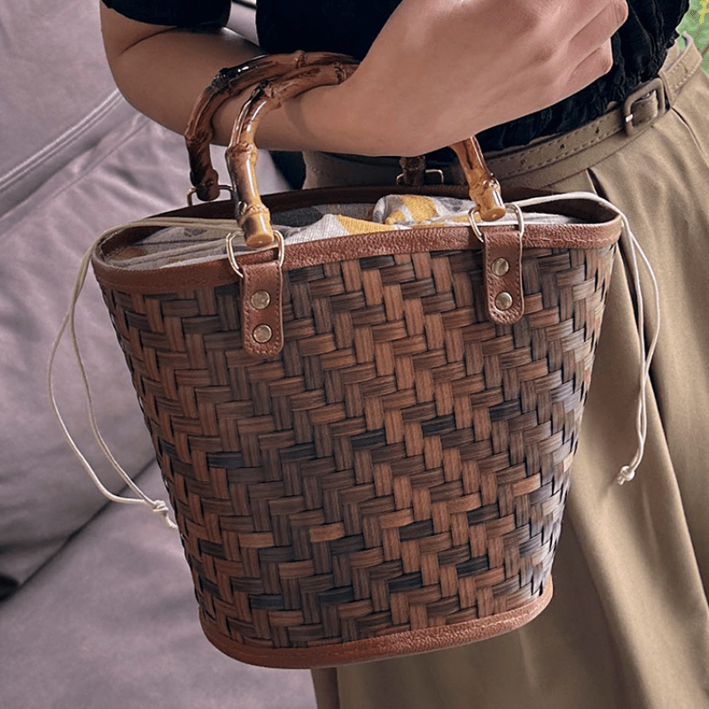 Straw Woven Bucket Drawstring Handbag Bamboo Handle Decorative Tote Bag  Exquisite Personality Summer Beach Bag, Don't Miss These Great Deals