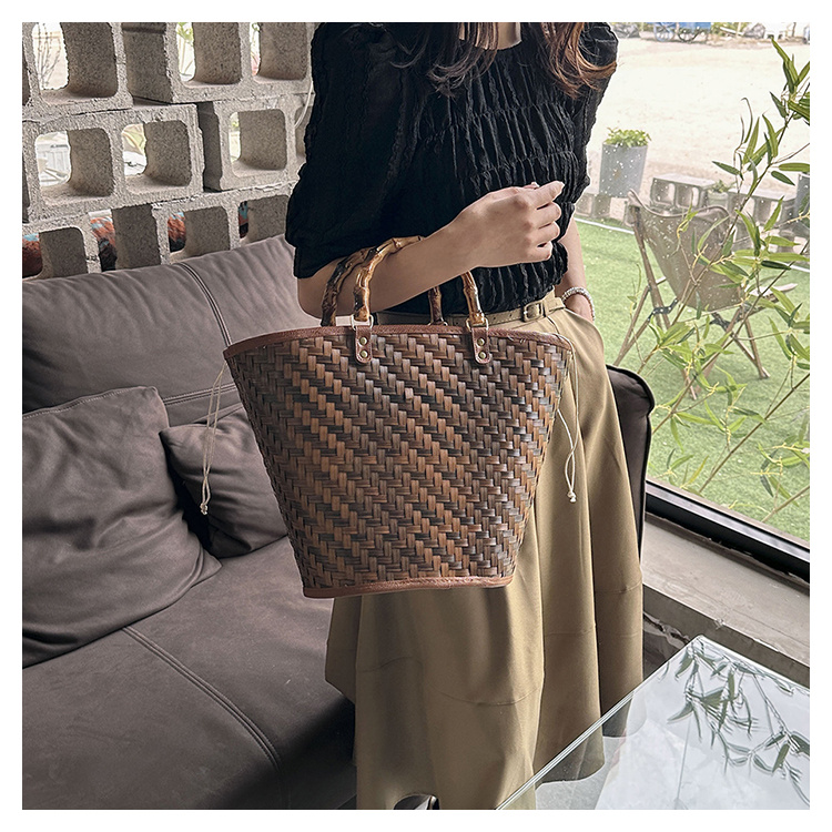 Straw Woven Bucket Drawstring Handbag Bamboo Handle Decorative Tote Bag  Exquisite Personality Summer Beach Bag, Don't Miss These Great Deals