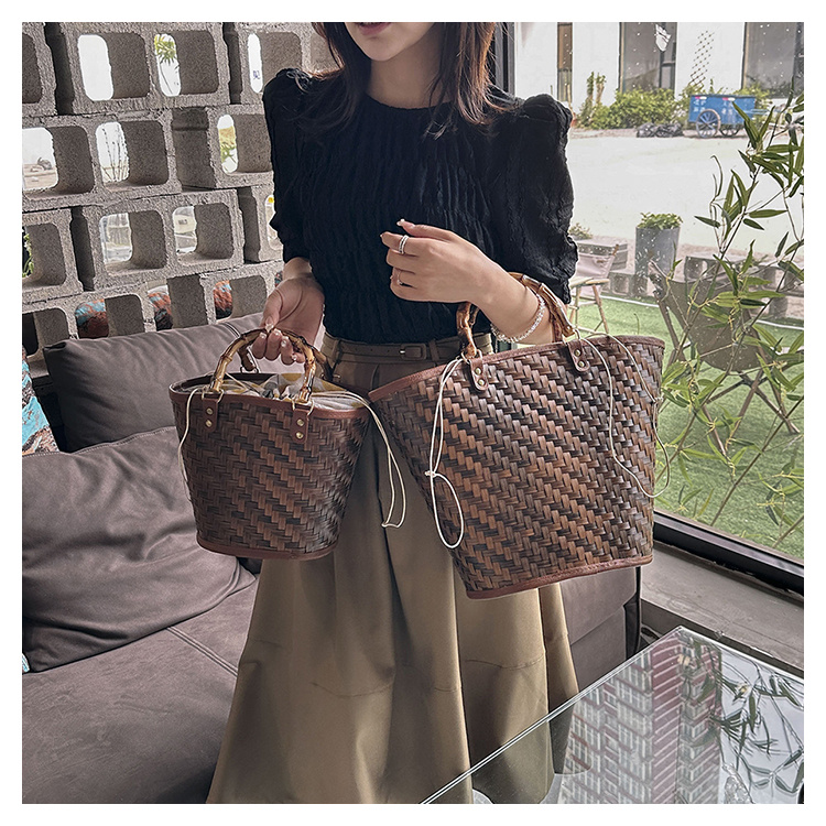 Straw Woven Bucket Drawstring Handbag Bamboo Handle Decorative Tote Bag  Exquisite Personality Summer Beach Bag, Don't Miss These Great Deals