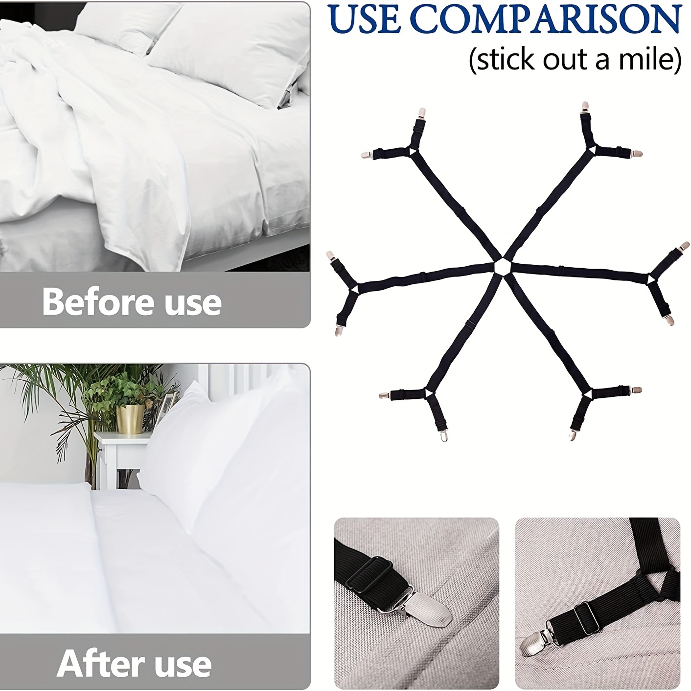 8pcs Sheet Straps, Adjustable Bed Sheet Holder Straps Fitted Sheet Clips,Elastic Bed Sheet Clips Sheet Suspenders,White