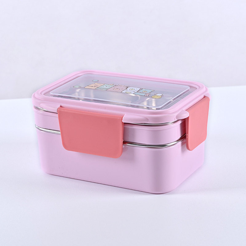 1pc Pink Portable Double-layer Sealed Bento Box With Small Sauce Container  And Plastic Grids For Students