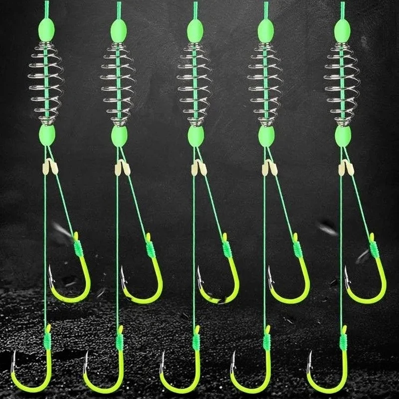 

5pcs/set Stainless Steel Double Hook Fishing Line With Barbed Carp Hooks And Bait Feeder Spring - Essential Fishing Accessories For Catching More Fish