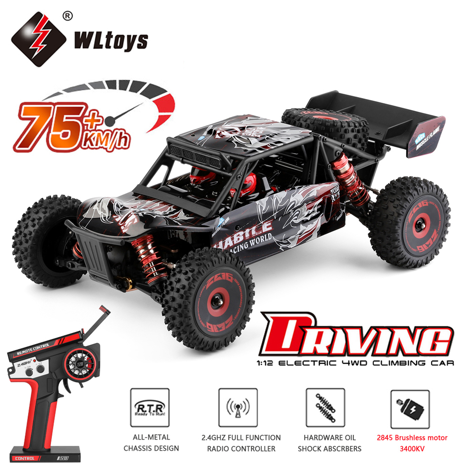 75KMH Brushless RC Car, Wltoys 144010 Remote Control Car, Wltoys 144001  Upgrade Brushless Motor, Top Speed 4WD 1:14 Buggy with Metal Chassis,2  Battery