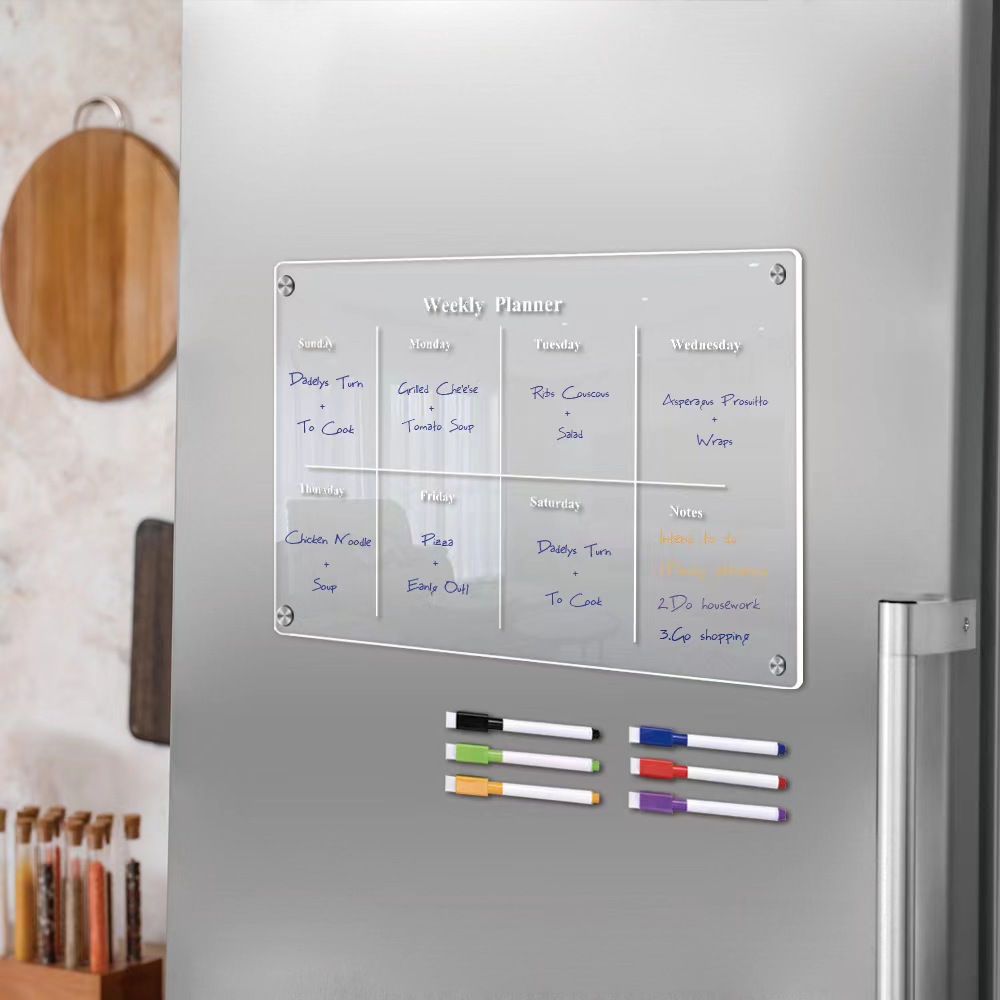 Lavagna Magnetica Frigo Trasparente,Set di 2 Calendario Acrilico Magnetico  Frigo Planner Settimanale Frigo,con 2 Adesivi di Frutta in Resina,6  Pennarelli,ecc : : Cancelleria e prodotti per ufficio