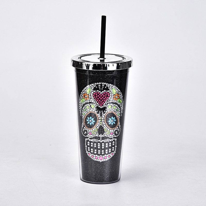 2 Double Walled Iridescent Skull Tumblers Black Lids/Straws Halloween￼ 16oz  NEW