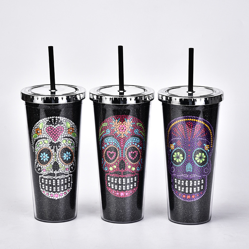 LED Light Up Flashing Double Walled Skull Tumbler With Lid And Straw