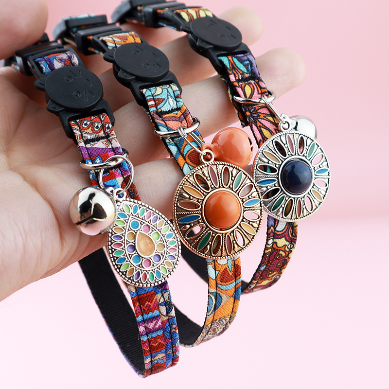 Boho Style Adjustable Pet Collar with Bell and Metal Pendant - Perfect for Cats and Puppies