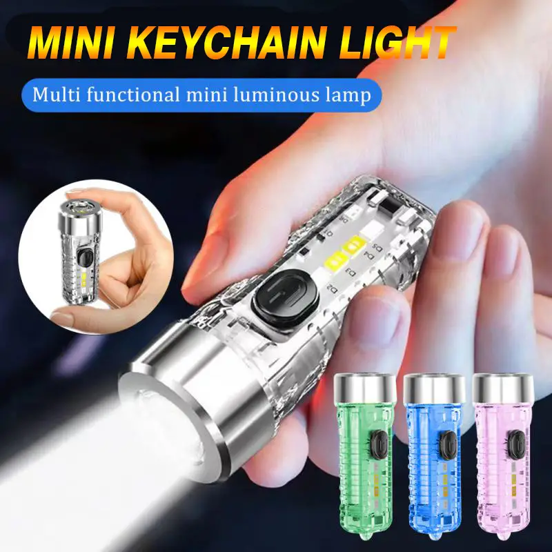 1pc keychain flashlight transparent mini light usb rechargeable multi function waterproof warning lamp home outdoor camping fishing lightweight compact torch with keychain details 1