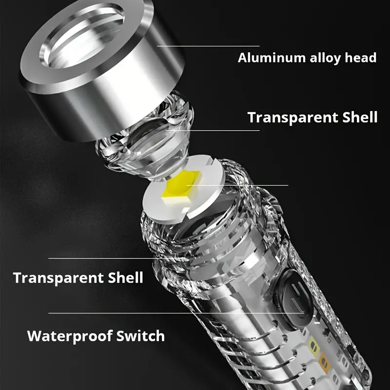 1pc keychain flashlight transparent mini light usb rechargeable multi function waterproof warning lamp home outdoor camping fishing lightweight compact torch with keychain details 5