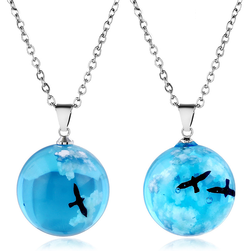 Cloudy Sky w/Bird & Blue Resin Sphere Necklace Pendant White Clouds