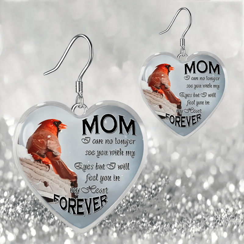 Mom I Will Feel You In My Heart Forever Memorial Earrings Red Bird Cardinal  & Letter Pattern Heart-shaped Drop Earrings Peace Theme Jewelry Gift - Temu