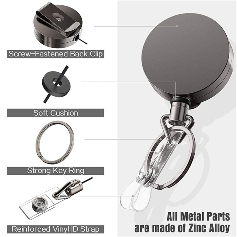 Heavy Duty Badge Reel with Metal Cord and Belt Clip - All Metal Retractable ID Holder with Steel Wire Cable - Industrial Black & Chrome Finish - Key