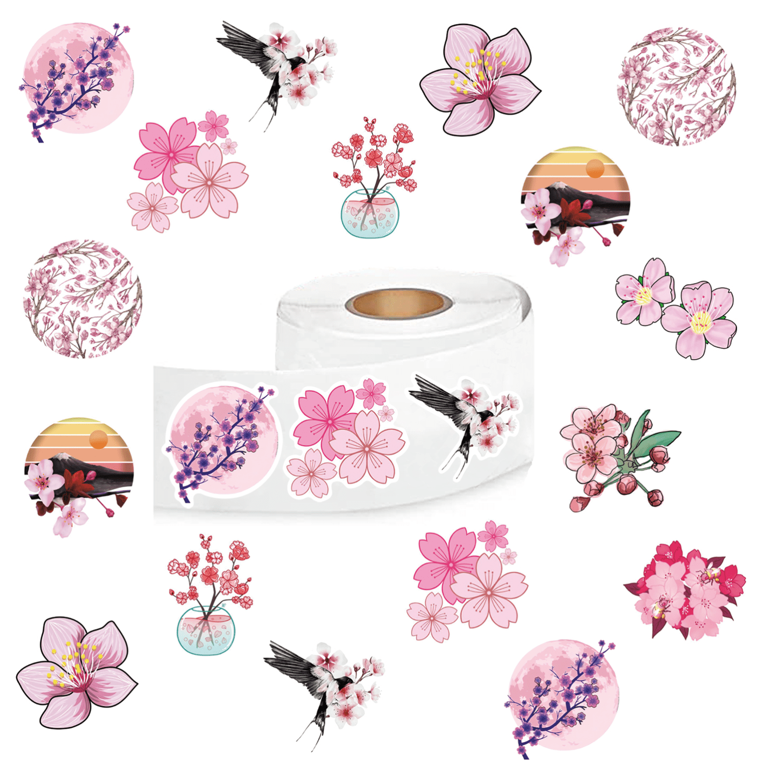 

500pcs Cherry Blossom Stickers, Cute Cartoon Decals Rolls Self Adhesive Seals For Scrapbooking Cards Envelopes Handmade, Gifts For Teens Adults Party Supply (1inch Labels/ 10 Patterns )