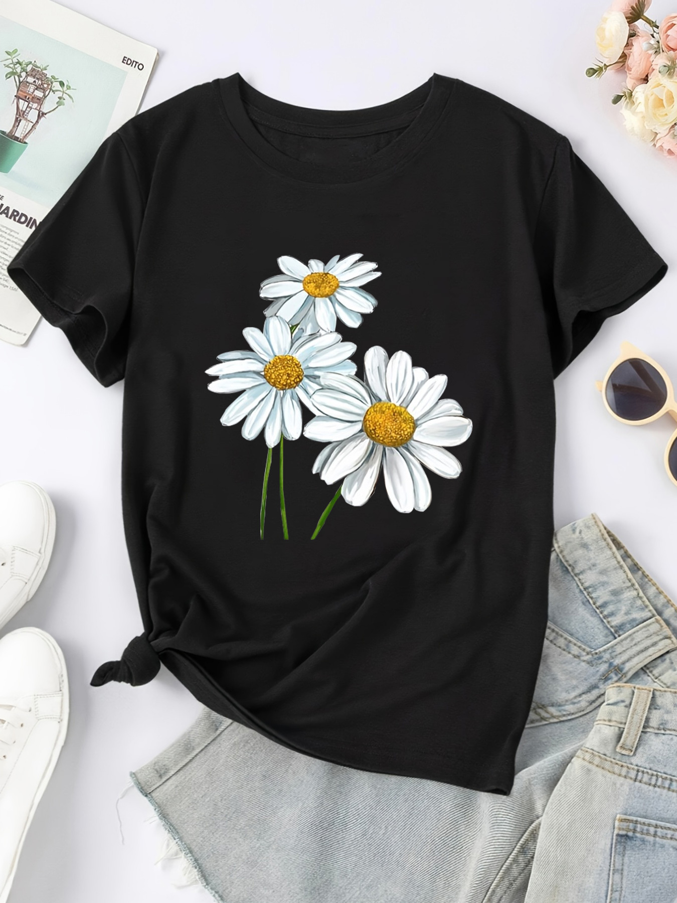 Camiseta Manga Corta Verano Estampado Margaritas Dibujos Temu Chile