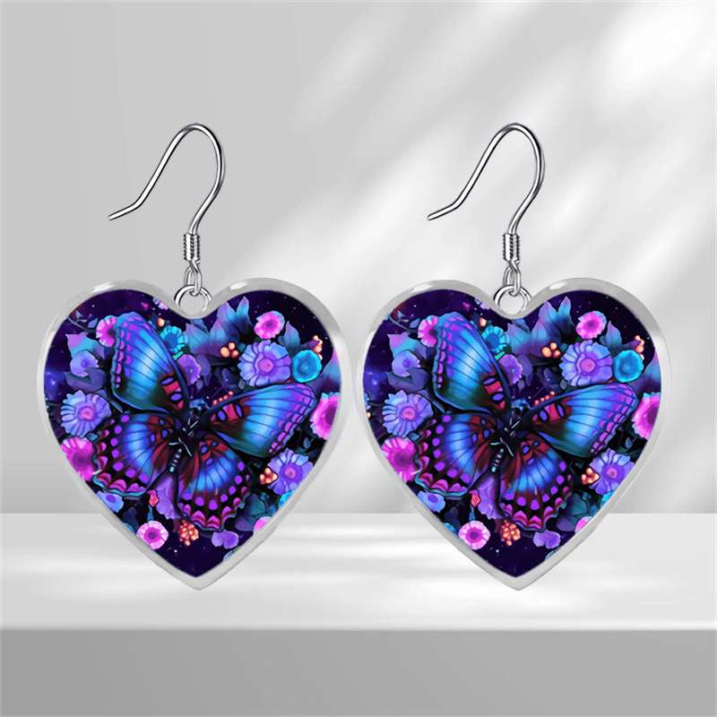 blue and purple butterfly patterns heart shaped glass pendant earrings fashion exquisite graduation party birthday gift decoration jewelry 0