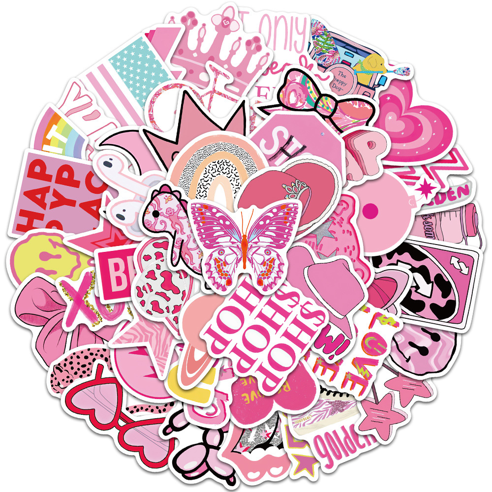 50Pcs Pink Girl Preppy Sticker For Laptop Water Bottle Computer Skateboard