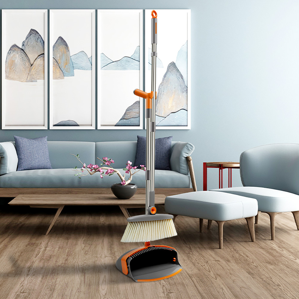 Broom and Dustpan Set for Home, Broom and Dustpan Combo for Office, Long  Handle Broom with Upright Standing Dustpan,Indoor&Outdoor Sweeping