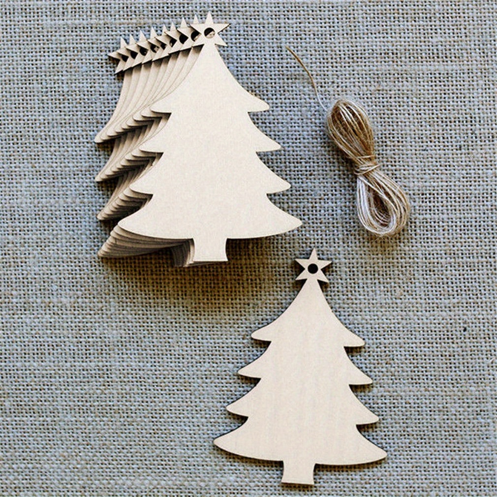 10pcs natural wooden christmas tree small pendant diy wood crafts christmas wooden chips home christmas tree decorations details 1