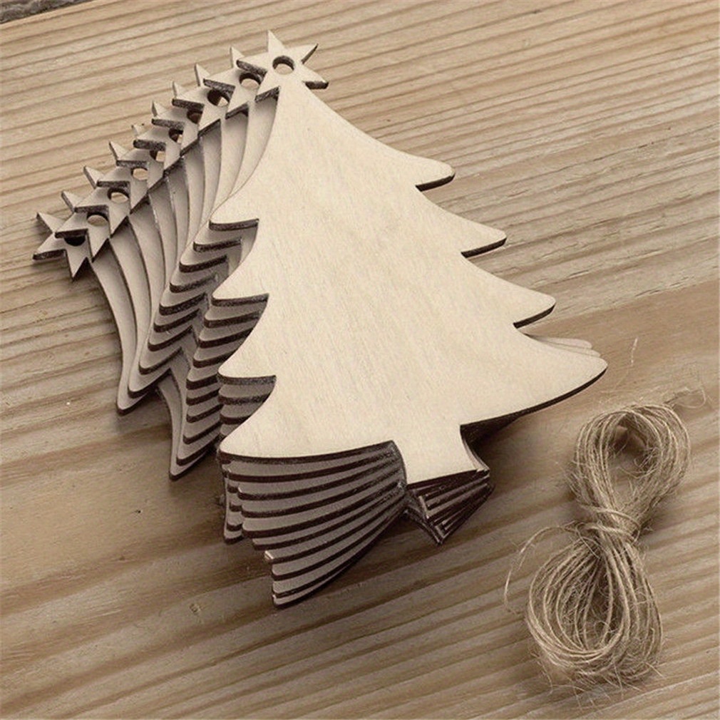 10pcs natural wooden christmas tree small pendant diy wood crafts christmas wooden chips home christmas tree decorations details 3