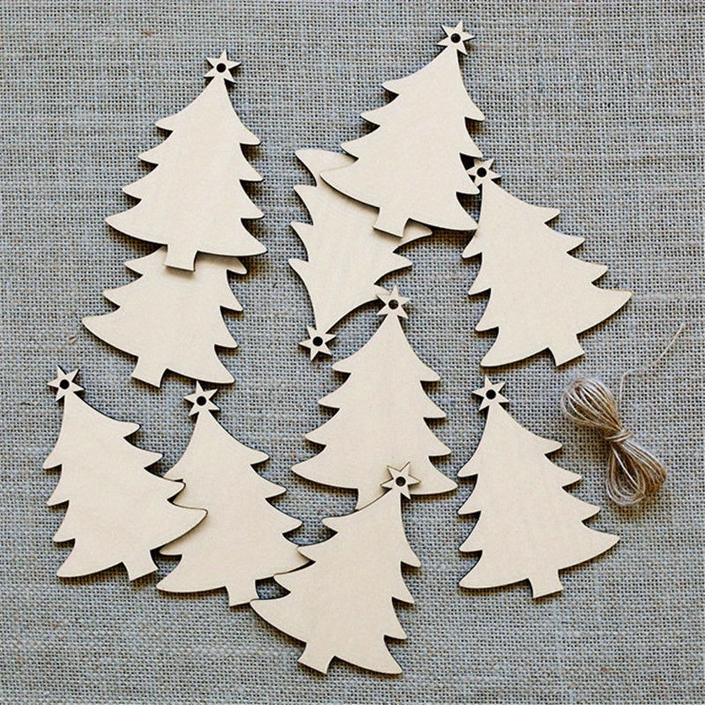 10pcs natural wooden christmas tree small pendant diy wood crafts christmas wooden chips home christmas tree decorations details 4