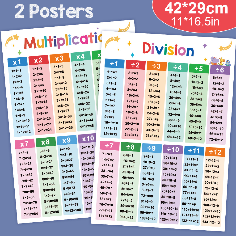 

2 Posters Children Multiplication And Division Learning Poster For Kids Classroom Decoration Teaching Aids Learning Math 29*42cm