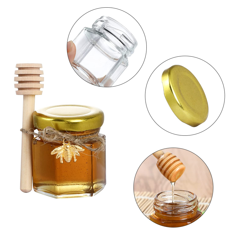 The Honey Jar Bee-luxe Evento, despedida de soltera o recuerdos de boda,  tarro hexagonal de 2 onzas de miel cruda pura con cuchara de miel de madera  y