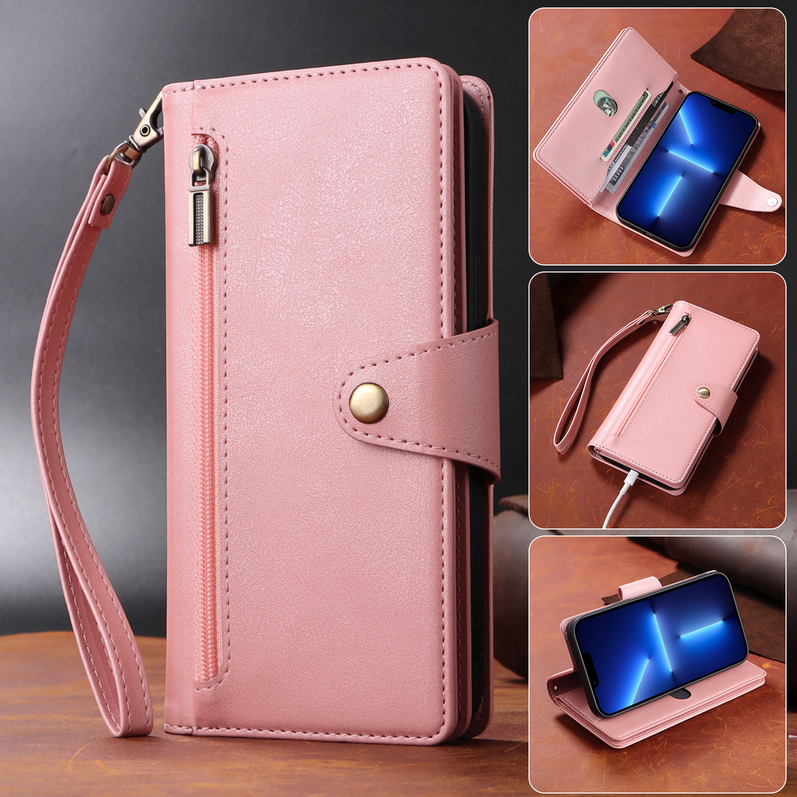 Zip Flip Leather Wallet Purse Phone Case Cover For Samsung S23