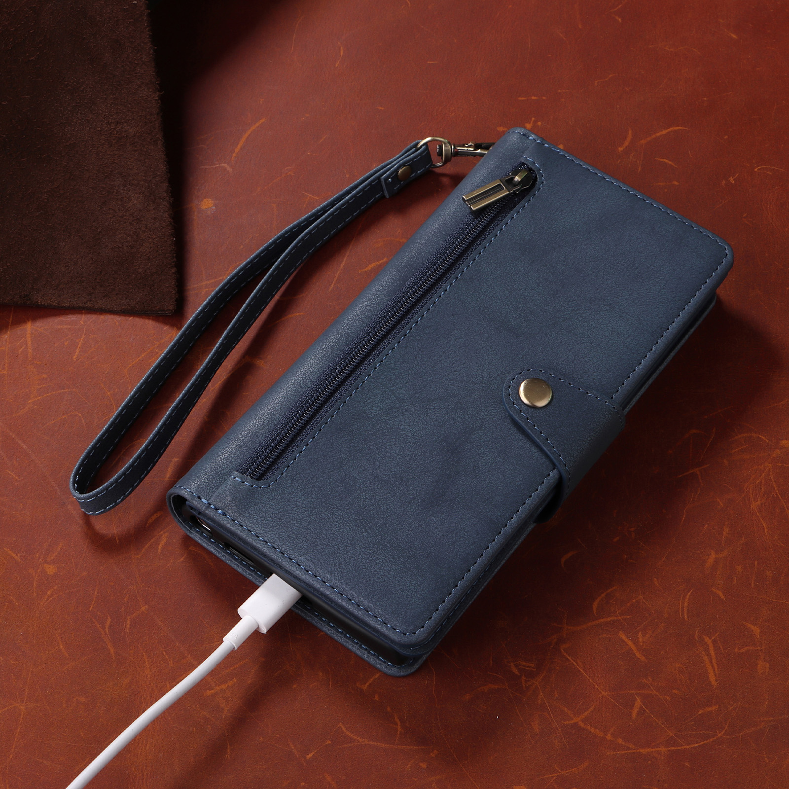 Luxury Leather Folding Zipper Wallet Multi Functional Kickstand