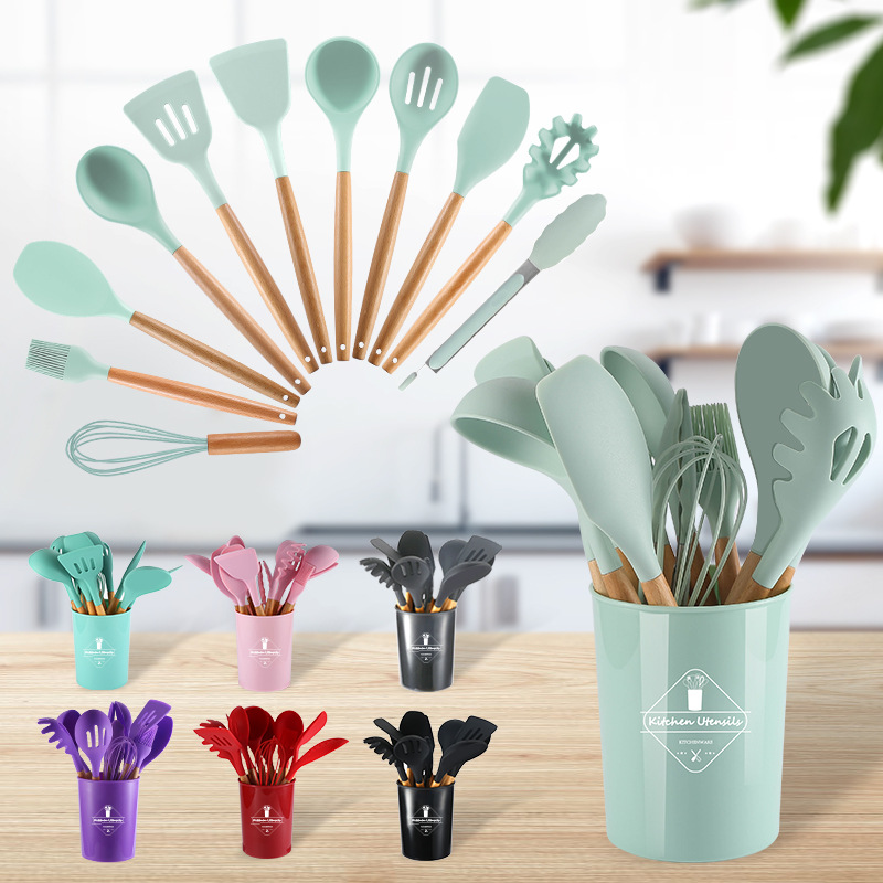 11Pcs Kitchen Silicone Cooking Utensil Set with Holder Heat Resist Wooden  Handle