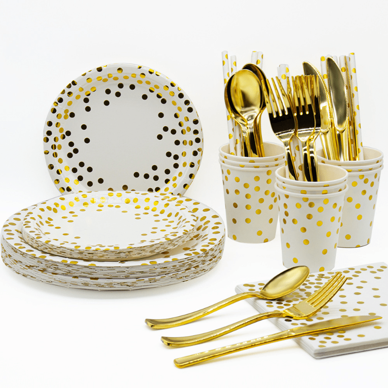 White And Golden Party Supplies Disposable Dinnerware Set - Temu