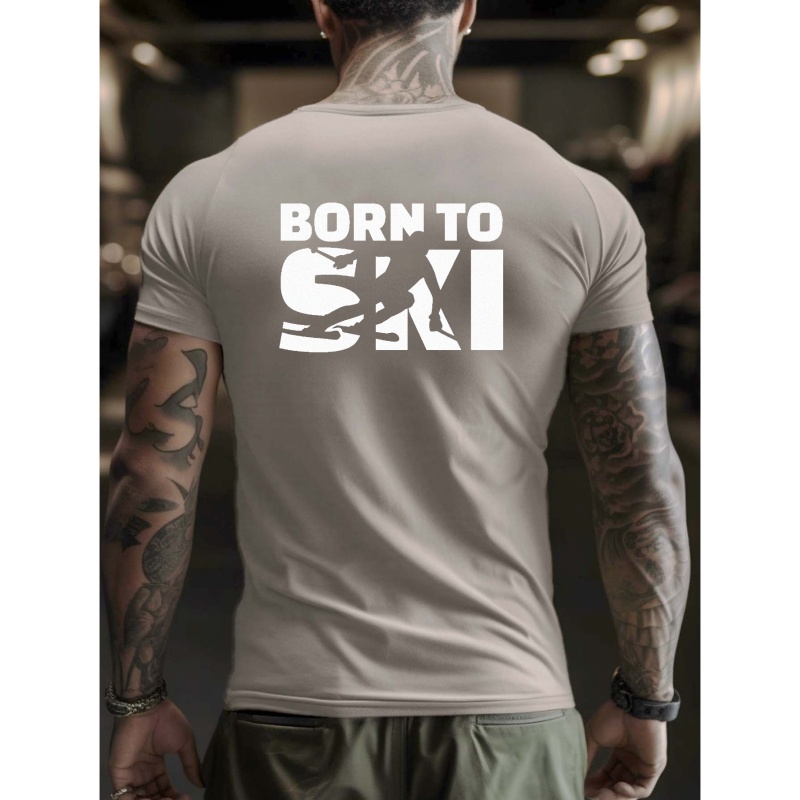

born To Ski" Pattern Print Men's Comfy T-shirt, Graphic Tee Men's Summer Outdoor Clothes, Men's Clothing, Tops For Men