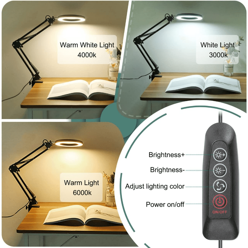 Magnifying Glass Desk Lamp with 3-Section Swing Arm and Big